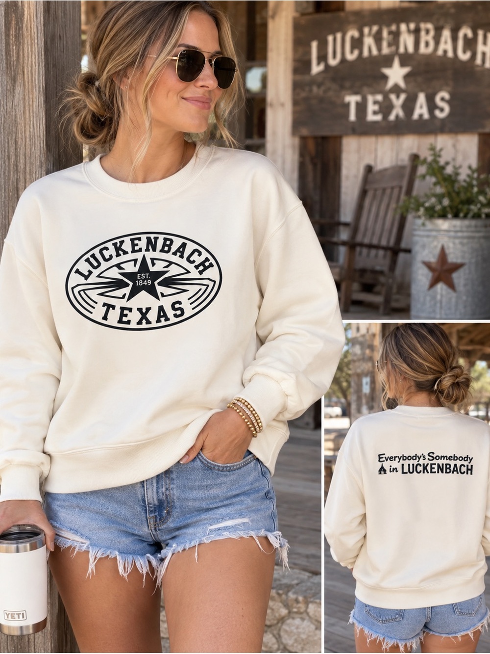 The Greii Luckenbach Texas Graphic Sweatshirt Medium Cream Western Cowgirl